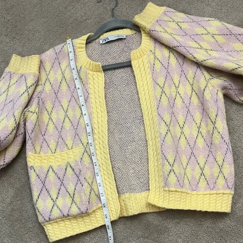 ZARA Pastel Argyle Knit Cropped Cardigan Yellow Lilac Open Front Size S